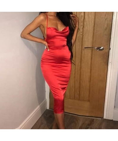 Women Neon Satin Sexy Bodycon Elegant Backless Long Midi Dress for Cocktail Party Clubwear Red $16.23 Dresses