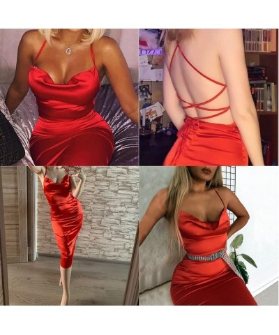 Women Neon Satin Sexy Bodycon Elegant Backless Long Midi Dress for Cocktail Party Clubwear Red $16.23 Dresses