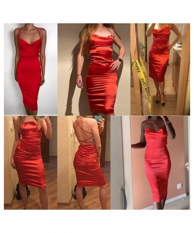 Women Neon Satin Sexy Bodycon Elegant Backless Long Midi Dress for Cocktail Party Clubwear Red $16.23 Dresses