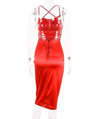 Women Neon Satin Sexy Bodycon Elegant Backless Long Midi Dress for Cocktail Party Clubwear Red $16.23 Dresses