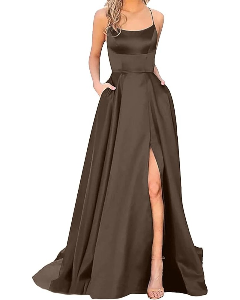 Women's Satin Prom Dresses Spaghetti Straps Backless Long Dress with High Slit Mermaid Formal Party Gown with Pocket Z1-brown...