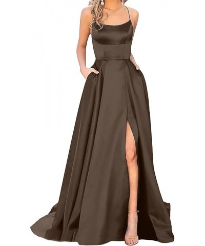 Women's Satin Prom Dresses Spaghetti Straps Backless Long Dress with High Slit Mermaid Formal Party Gown with Pocket Z1-brown...