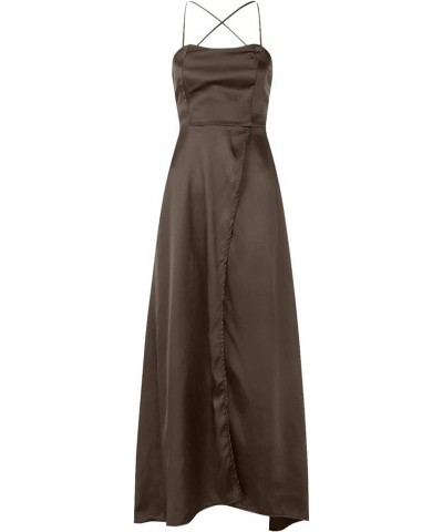 Women's Satin Prom Dresses Spaghetti Straps Backless Long Dress with High Slit Mermaid Formal Party Gown with Pocket Z1-brown...