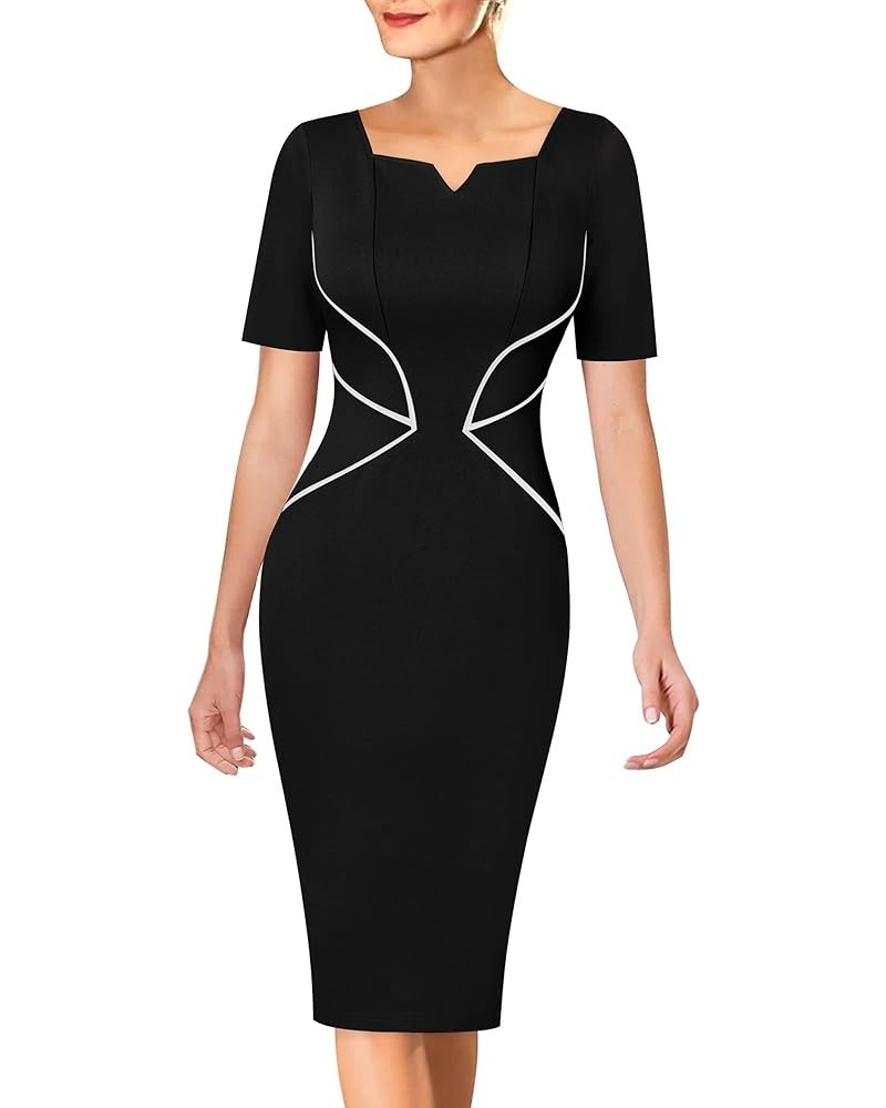 Womens Notch V Neck Colorblock Work Office Business Bodycon Pencil Dress Black + White Piping-2 $24.19 Dresses