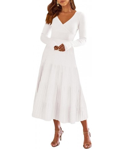 Women's Wrap Midi Sweater Dresses Long Sleeve V Neck High Waist Ribbed Knit Pleated A-Line Dress White $20.16 Sweaters