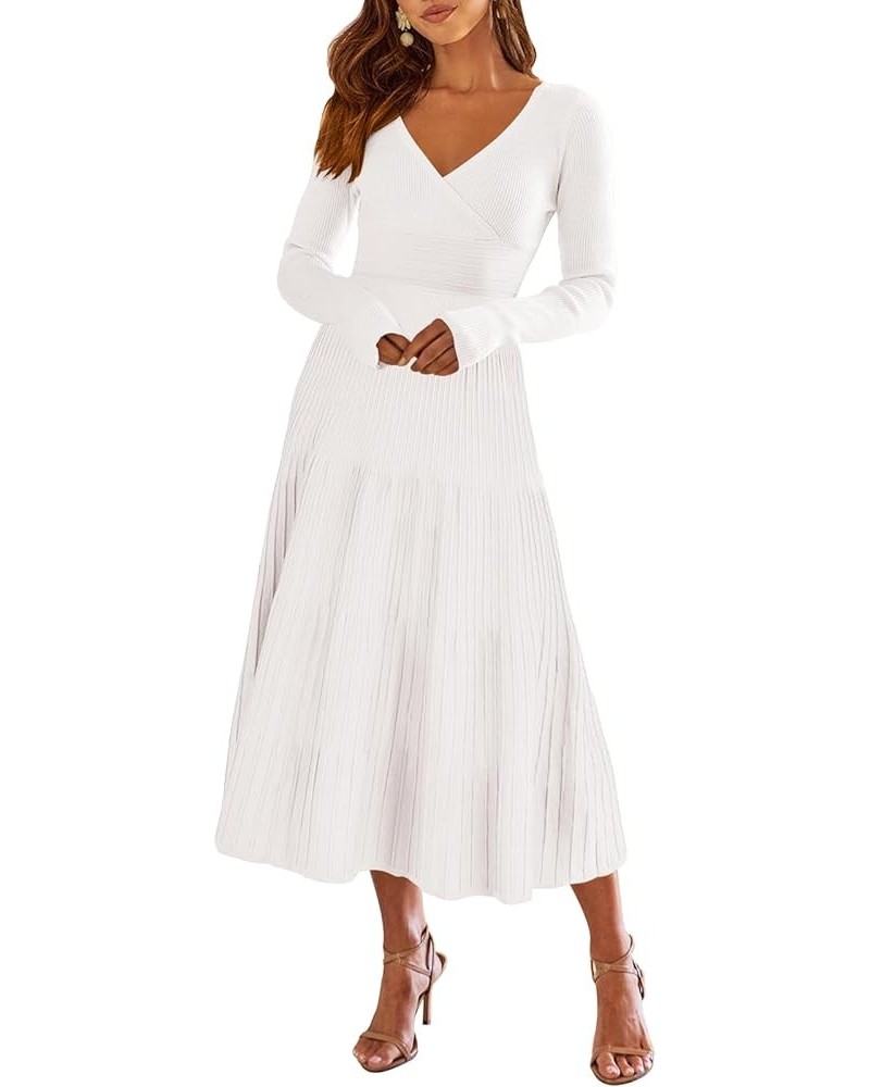 Women's Wrap Midi Sweater Dresses Long Sleeve V Neck High Waist Ribbed Knit Pleated A-Line Dress White $20.16 Sweaters