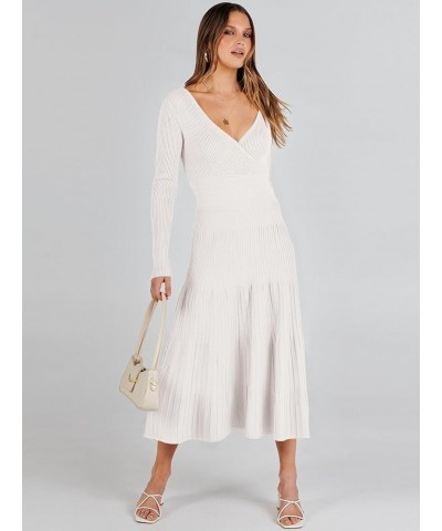 Women's Wrap Midi Sweater Dresses Long Sleeve V Neck High Waist Ribbed Knit Pleated A-Line Dress White $20.16 Sweaters