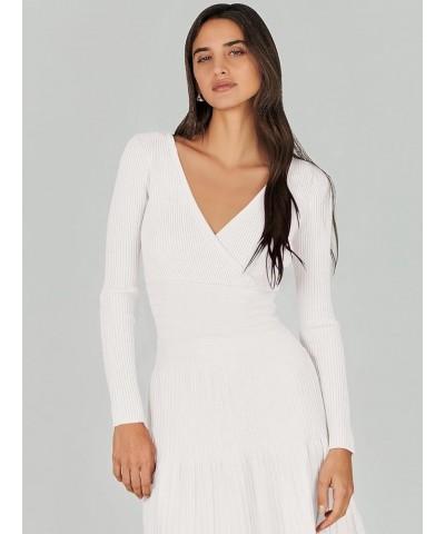 Women's Wrap Midi Sweater Dresses Long Sleeve V Neck High Waist Ribbed Knit Pleated A-Line Dress White $20.16 Sweaters