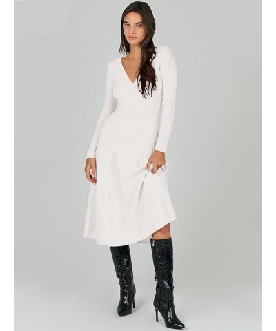 Women's Wrap Midi Sweater Dresses Long Sleeve V Neck High Waist Ribbed Knit Pleated A-Line Dress White $20.16 Sweaters