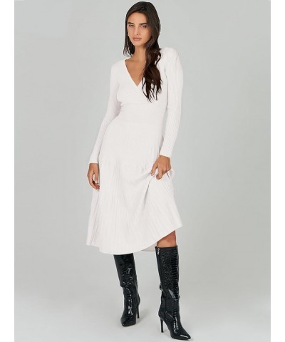 Women's Wrap Midi Sweater Dresses Long Sleeve V Neck High Waist Ribbed Knit Pleated A-Line Dress White $20.16 Sweaters