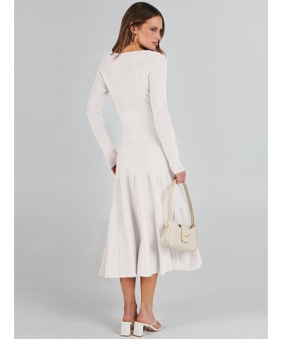 Women's Wrap Midi Sweater Dresses Long Sleeve V Neck High Waist Ribbed Knit Pleated A-Line Dress White $20.16 Sweaters