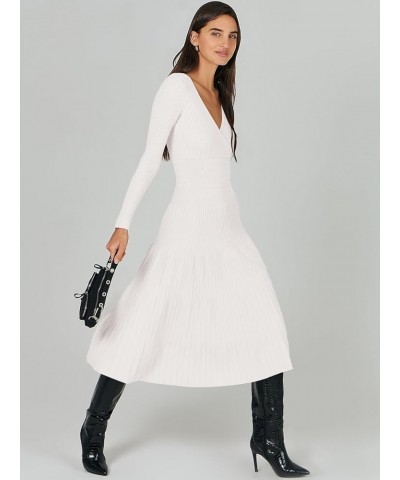 Women's Wrap Midi Sweater Dresses Long Sleeve V Neck High Waist Ribbed Knit Pleated A-Line Dress White $20.16 Sweaters