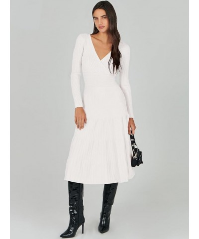 Women's Wrap Midi Sweater Dresses Long Sleeve V Neck High Waist Ribbed Knit Pleated A-Line Dress White $20.16 Sweaters