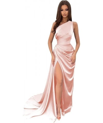 One Shoulder Prom Dresses for Women 2024 with Slit Wrap Mermaid Satin Bridesmaid Dresses Long Party Gowns Blush Pink $24.60 D...