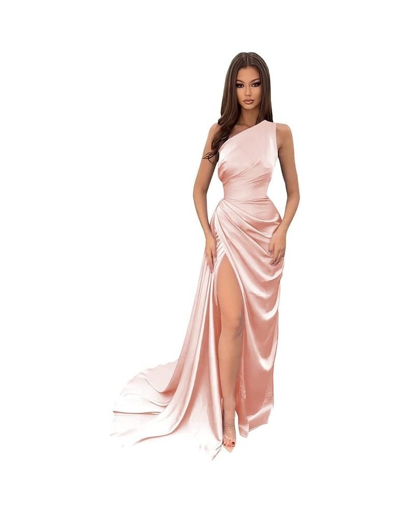 One Shoulder Prom Dresses for Women 2024 with Slit Wrap Mermaid Satin Bridesmaid Dresses Long Party Gowns Blush Pink $24.60 D...