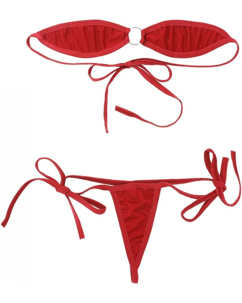 Women's 2 Pieces Bikini Set Bandeau Bra Top and Tie Sides Micro Thongs Swimsuit Red $10.03 Swimsuits