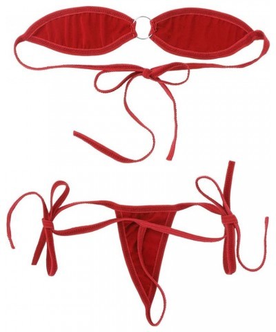 Women's 2 Pieces Bikini Set Bandeau Bra Top and Tie Sides Micro Thongs Swimsuit Red $10.03 Swimsuits