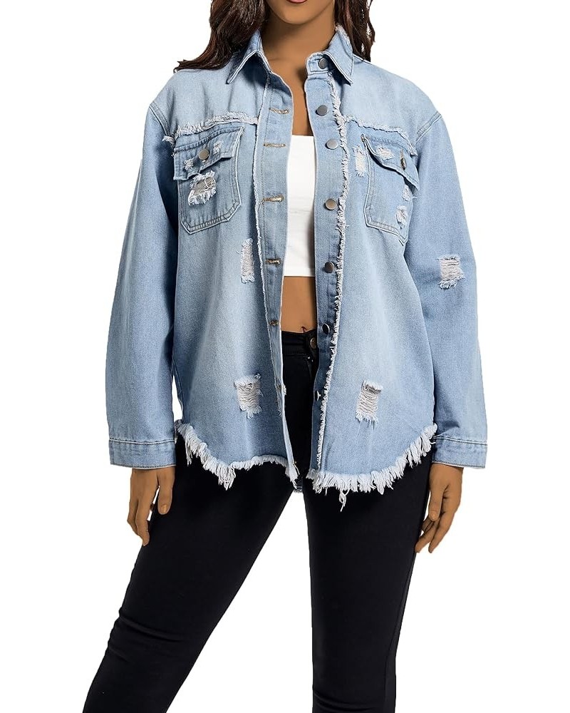 Women Denim Jacket Long Sleeve Casual Distressed Ripped Button Down Coat 03 Light Blue-9631 $13.53 Jackets