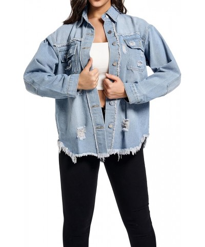 Women Denim Jacket Long Sleeve Casual Distressed Ripped Button Down Coat 03 Light Blue-9631 $13.53 Jackets