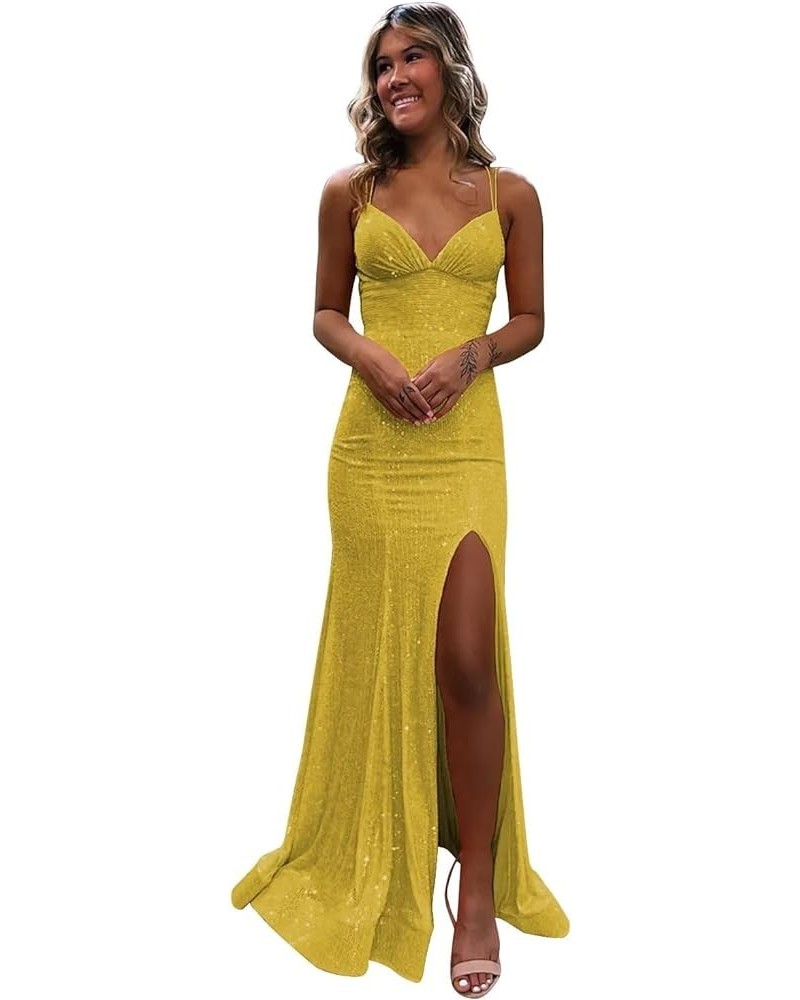 Mermaid Sequin Prom Dresses with Slit Spaghetti Straps Open Back Sparkly Long Formal Dress Evening Gown Yellow $26.00 Dresses
