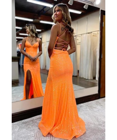 Mermaid Sequin Prom Dresses with Slit Spaghetti Straps Open Back Sparkly Long Formal Dress Evening Gown Yellow $26.00 Dresses