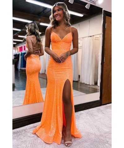 Mermaid Sequin Prom Dresses with Slit Spaghetti Straps Open Back Sparkly Long Formal Dress Evening Gown Yellow $26.00 Dresses