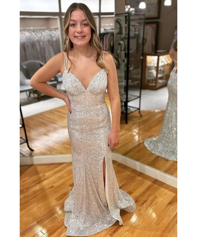 Mermaid Sequin Prom Dresses with Slit Spaghetti Straps Open Back Sparkly Long Formal Dress Evening Gown Yellow $26.00 Dresses