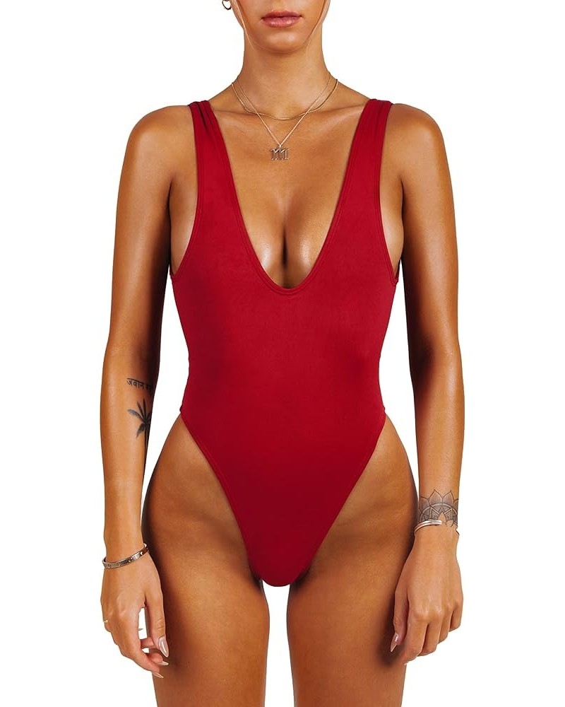 One Piece Swimsuit for Women Bathing Suit High Cut Low Back Sexy Swimwear Retro Backless 80s 90s Red $33.00 Swimsuits