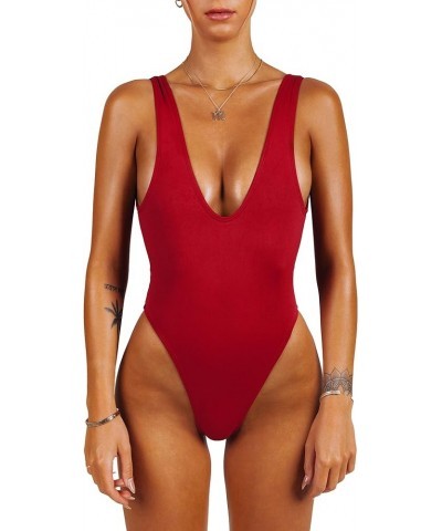 One Piece Swimsuit for Women Bathing Suit High Cut Low Back Sexy Swimwear Retro Backless 80s 90s Red $33.00 Swimsuits