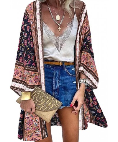 Women Summer Floral Kimono Loose Chiffon Cardigan Beach Swimsuit Bikini Cover Up 14-navy $13.76 Swimsuits