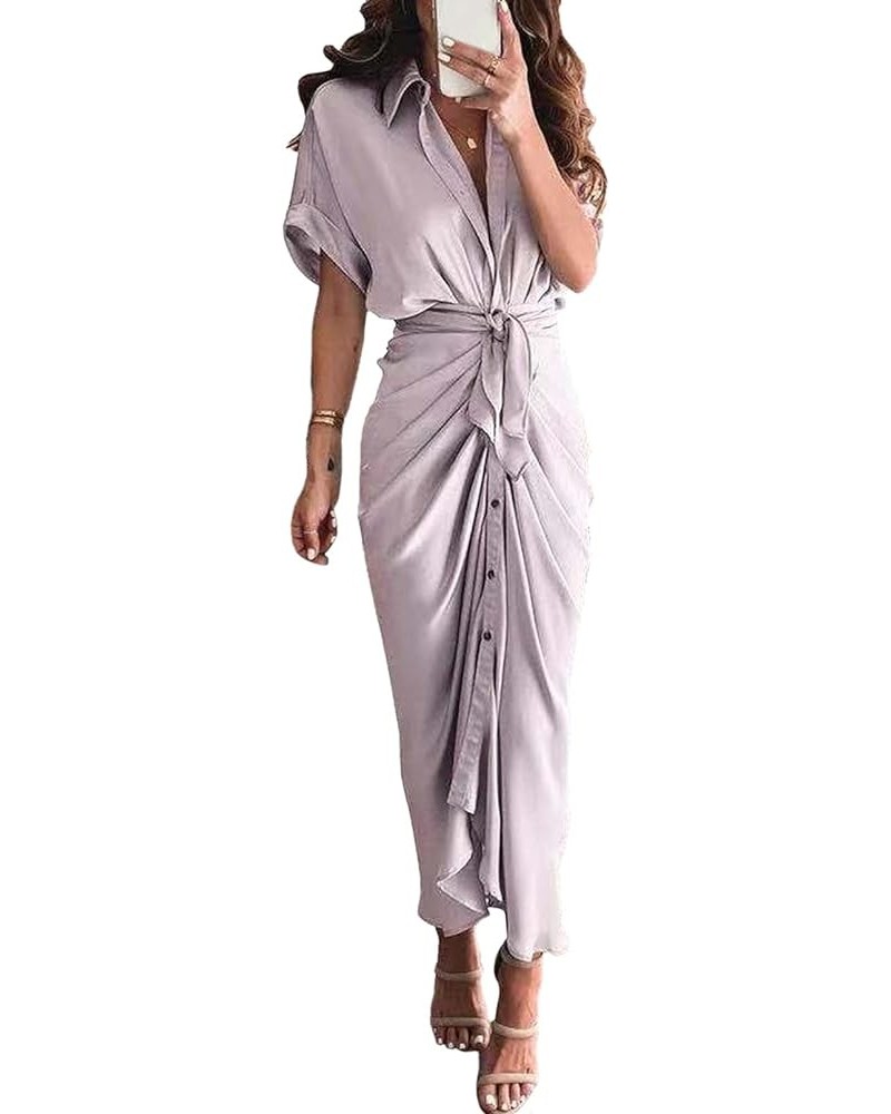 Women's Elegant Satin Shirt Maxi Dress Short Sleeve Deep V Neck Button Down Ruched Long Dress with Belt Light Purple $17.60 D...