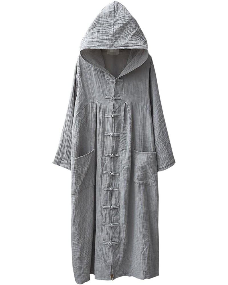 Women's Loose Fit Linen Hooded Cape Frog Button Lightweight Overcoat Cloak Light Grey $24.49 Coats