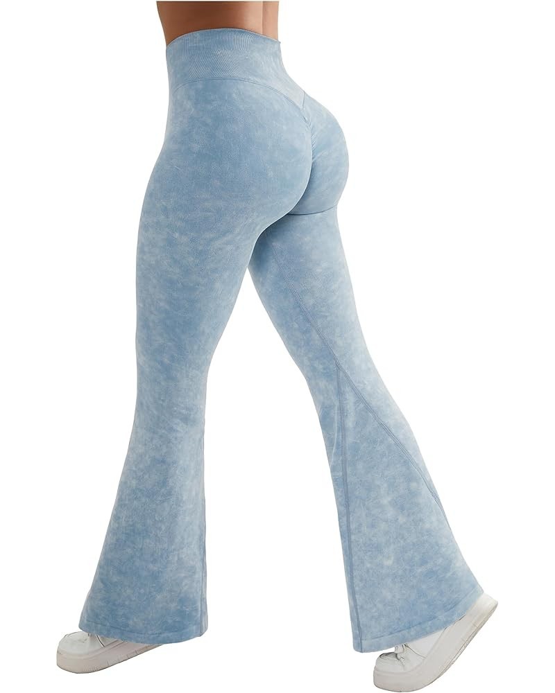 Women Ribbed Crossover Yoga Pants with Pockets High Waist Bell Bottom Flare Leggings Scrunch Butt 31" Inseam - Light Blue $11...