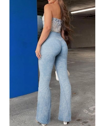 Women Ribbed Crossover Yoga Pants with Pockets High Waist Bell Bottom Flare Leggings Scrunch Butt 31" Inseam - Light Blue $11...