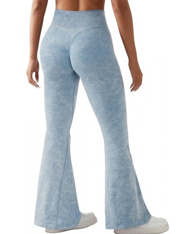 Women Ribbed Crossover Yoga Pants with Pockets High Waist Bell Bottom Flare Leggings Scrunch Butt 31" Inseam - Light Blue $11...