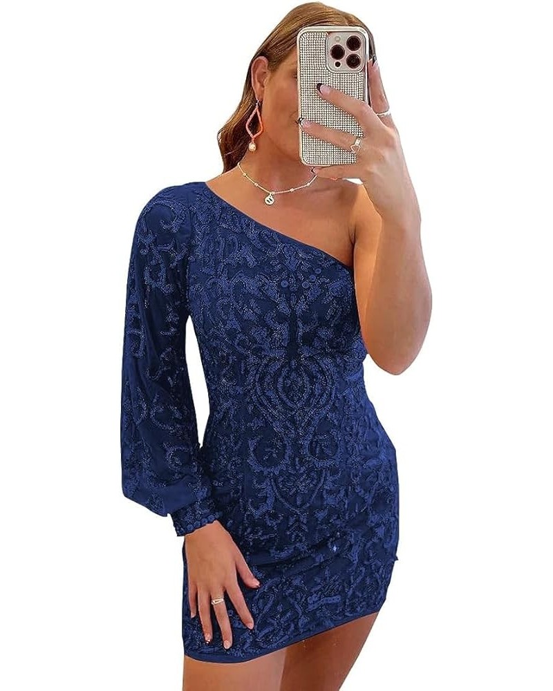 Long Sleeve Homecoming Dresses for Teens One Shoulder Short Cocktail Dress Sequin Lace Prom Gown Navy Blue $24.98 Dresses