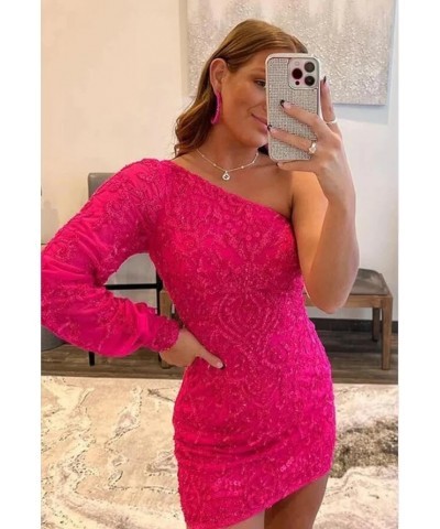 Long Sleeve Homecoming Dresses for Teens One Shoulder Short Cocktail Dress Sequin Lace Prom Gown Navy Blue $24.98 Dresses