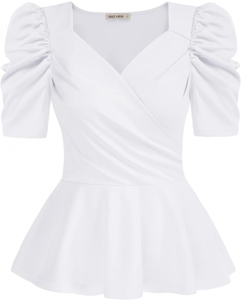 2024 Womens Summer Tops Elegant Peplum Top Wrap V Neck Puff Short Sleeve Shirts Tops Blouse White $12.52 Blouses