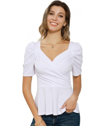 2024 Womens Summer Tops Elegant Peplum Top Wrap V Neck Puff Short Sleeve Shirts Tops Blouse White $12.52 Blouses