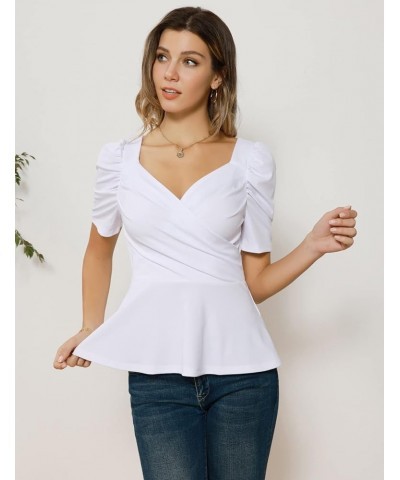 2024 Womens Summer Tops Elegant Peplum Top Wrap V Neck Puff Short Sleeve Shirts Tops Blouse White $12.52 Blouses