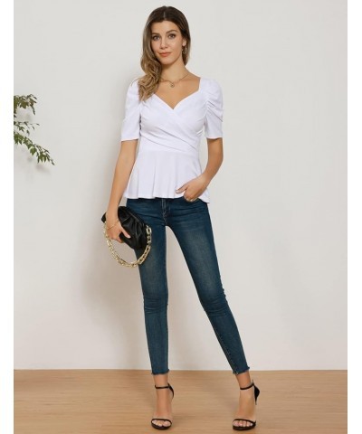 2024 Womens Summer Tops Elegant Peplum Top Wrap V Neck Puff Short Sleeve Shirts Tops Blouse White $12.52 Blouses