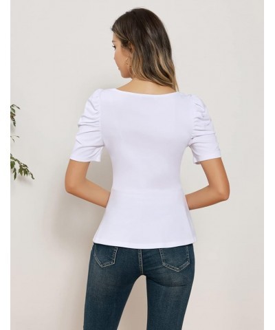 2024 Womens Summer Tops Elegant Peplum Top Wrap V Neck Puff Short Sleeve Shirts Tops Blouse White $12.52 Blouses