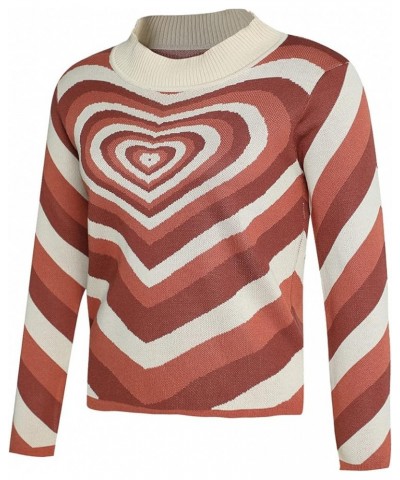 Women Heart Print Sweater Valentine's Day Pullovers Long Sleeve Round Neck Knitted Blouse Casual Loose Sweatshirt Brown O $13...