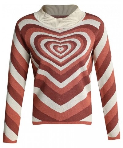 Women Heart Print Sweater Valentine's Day Pullovers Long Sleeve Round Neck Knitted Blouse Casual Loose Sweatshirt Brown O $13...