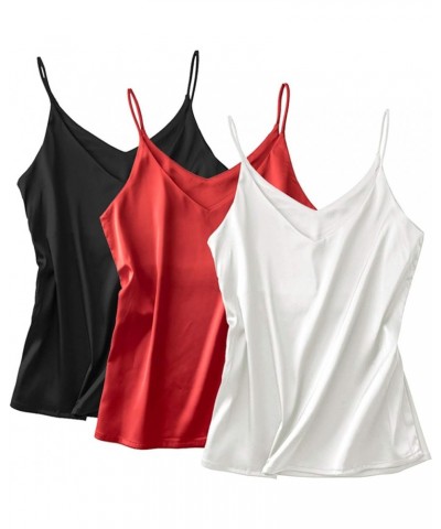 Basic 3 Pack Women's Silk Tank Top Ladies V-Neck Camisole Silky Loose Sleeveless Blouse Tank Shirt with Soft Satin 3-pack:whi...