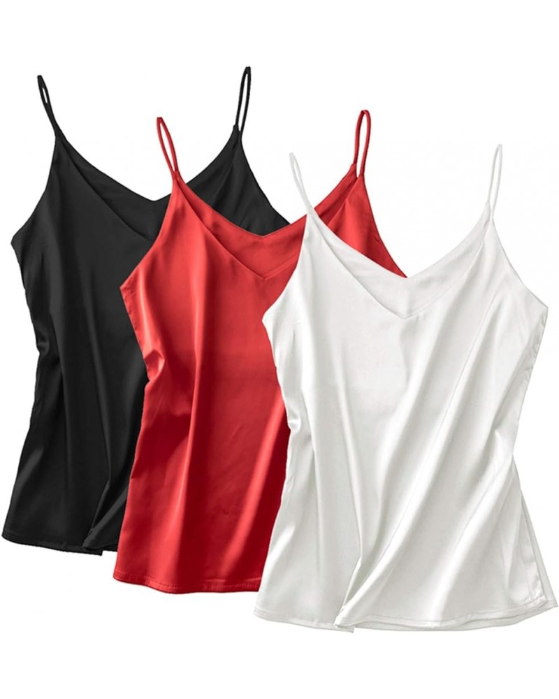 Basic 3 Pack Women's Silk Tank Top Ladies V-Neck Camisole Silky Loose Sleeveless Blouse Tank Shirt with Soft Satin 3-pack:whi...
