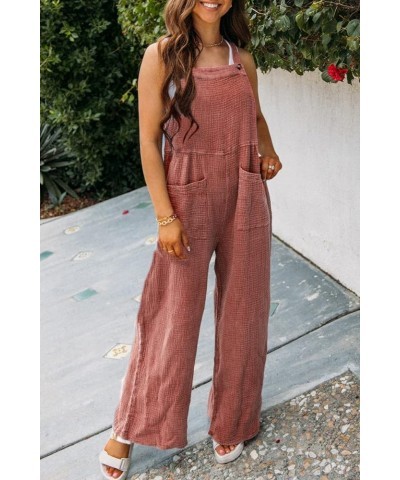 Womens Casual Sleeveless Jumpsuits Loose Baggy Solid Overalls Long Straight Pants Rompers Trendy Bottoms With Pockets A-red $...