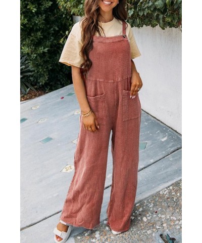 Womens Casual Sleeveless Jumpsuits Loose Baggy Solid Overalls Long Straight Pants Rompers Trendy Bottoms With Pockets A-red $...