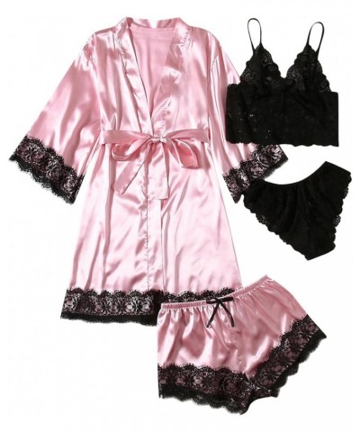 Womens Pajamas 4 Piece Pjs Sets Silk Satin Nightgown Lace Lingerie and Shorts Soft Sleepwear Lounge Set with Robe D-watermelo...