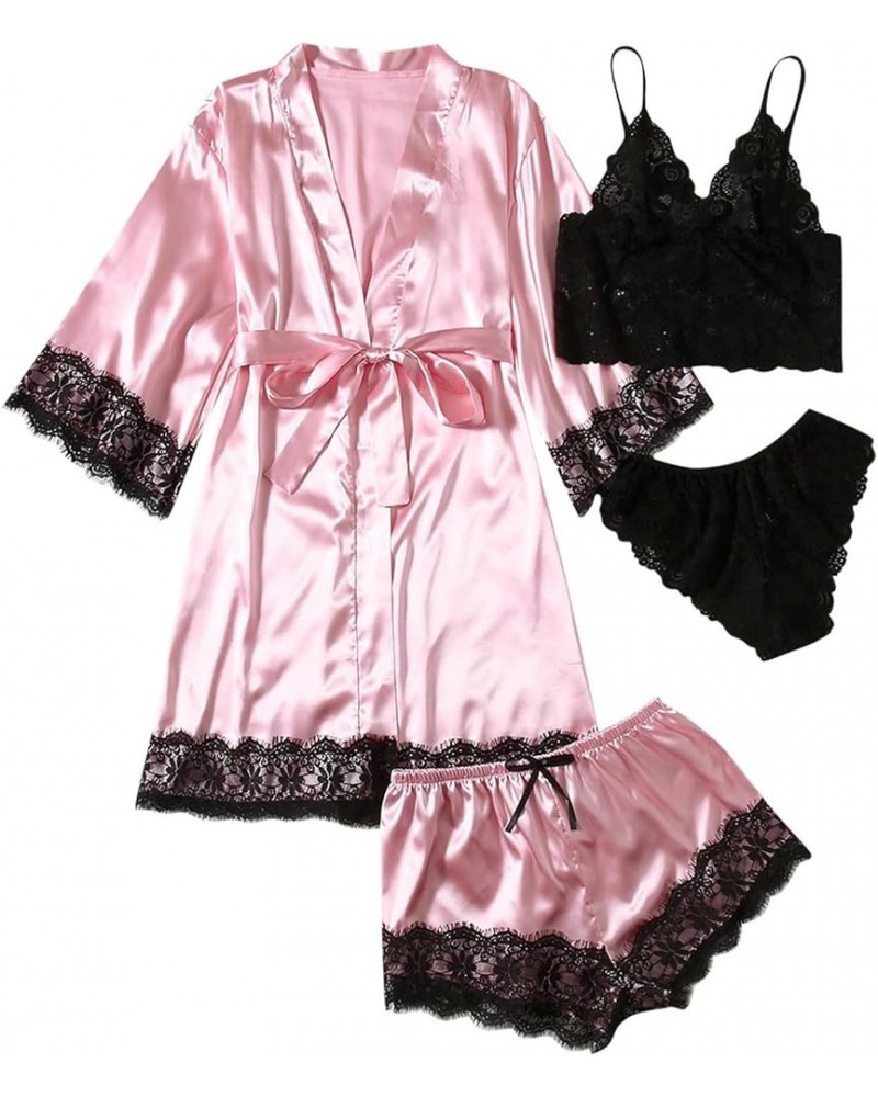 Womens Pajamas 4 Piece Pjs Sets Silk Satin Nightgown Lace Lingerie and Shorts Soft Sleepwear Lounge Set with Robe D-watermelo...